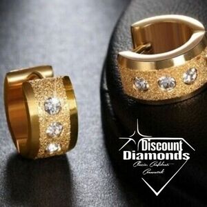 18K Gold Frosted White Diamond Hoop / Huggie Earrings on Stainless Steel